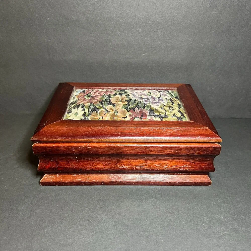 Vintage Floral Tapestry Inlay Wooden Hinged Lid Pink Velvet Lined Jewelry Box