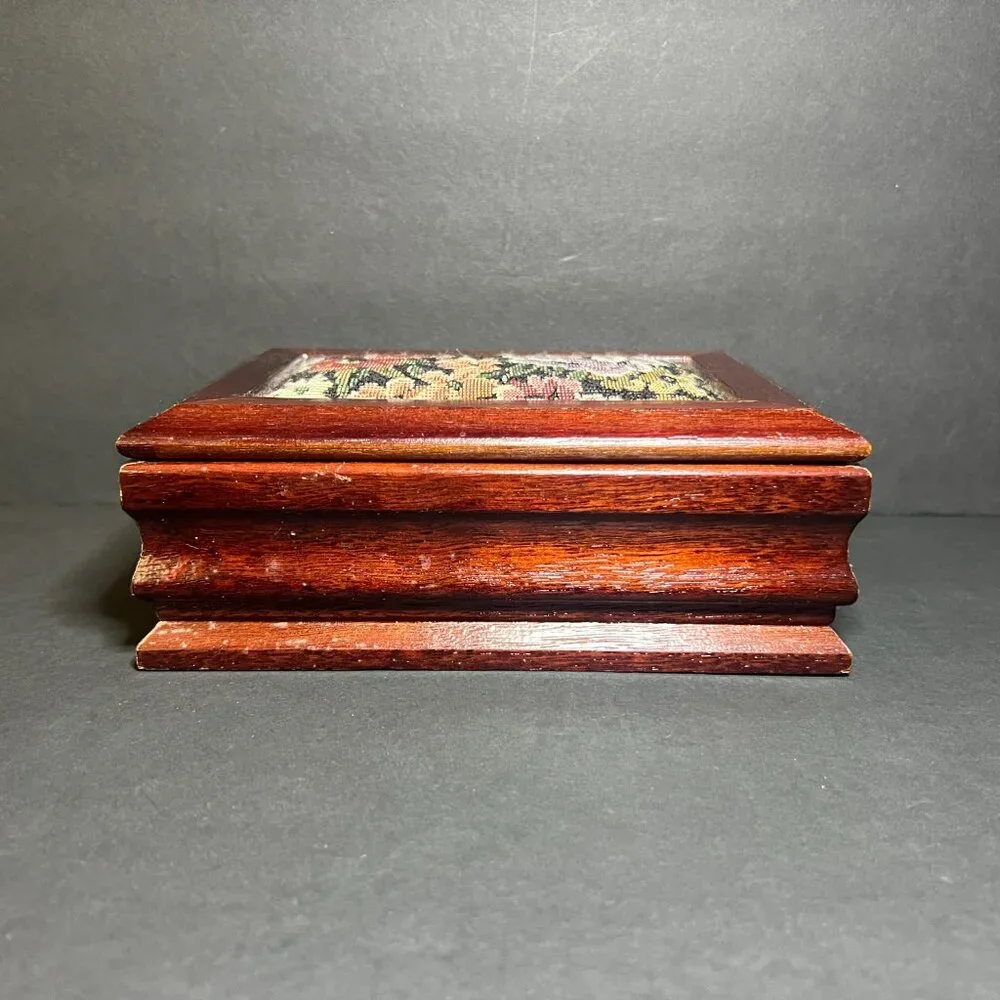 Vintage Floral Tapestry Inlay Wooden Hinged Lid Pink Velvet Lined Jewelry Box