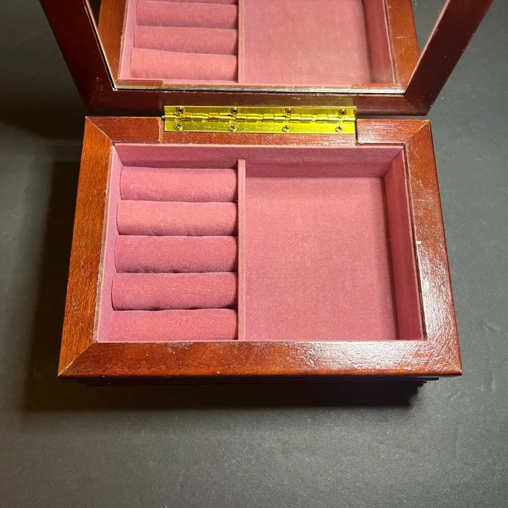 Vintage Floral Tapestry Inlay Wooden Hinged Lid Pink Velvet Lined Jewelry Box