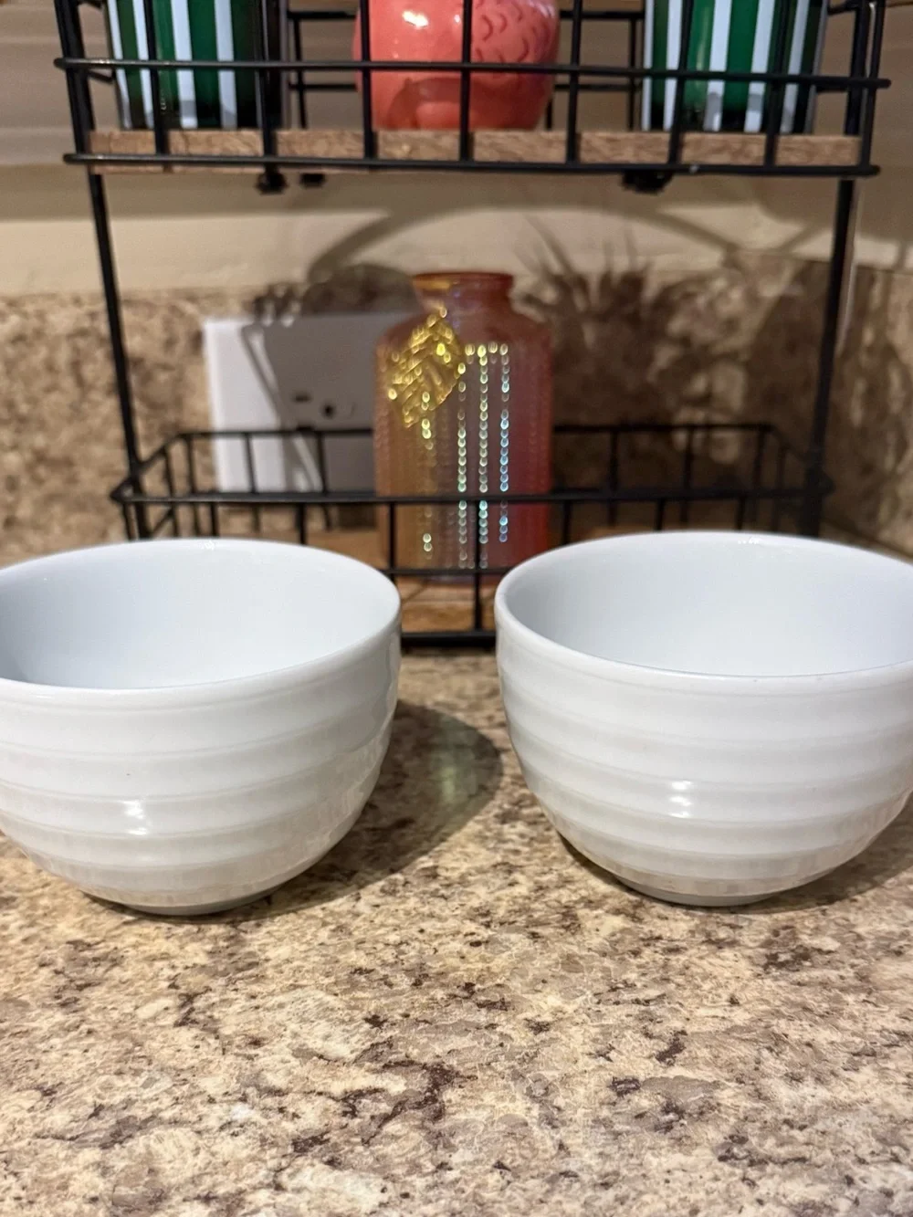 Set of 2 Crate and Barrel Roulette White Spal Porcelain Ribbed Cups