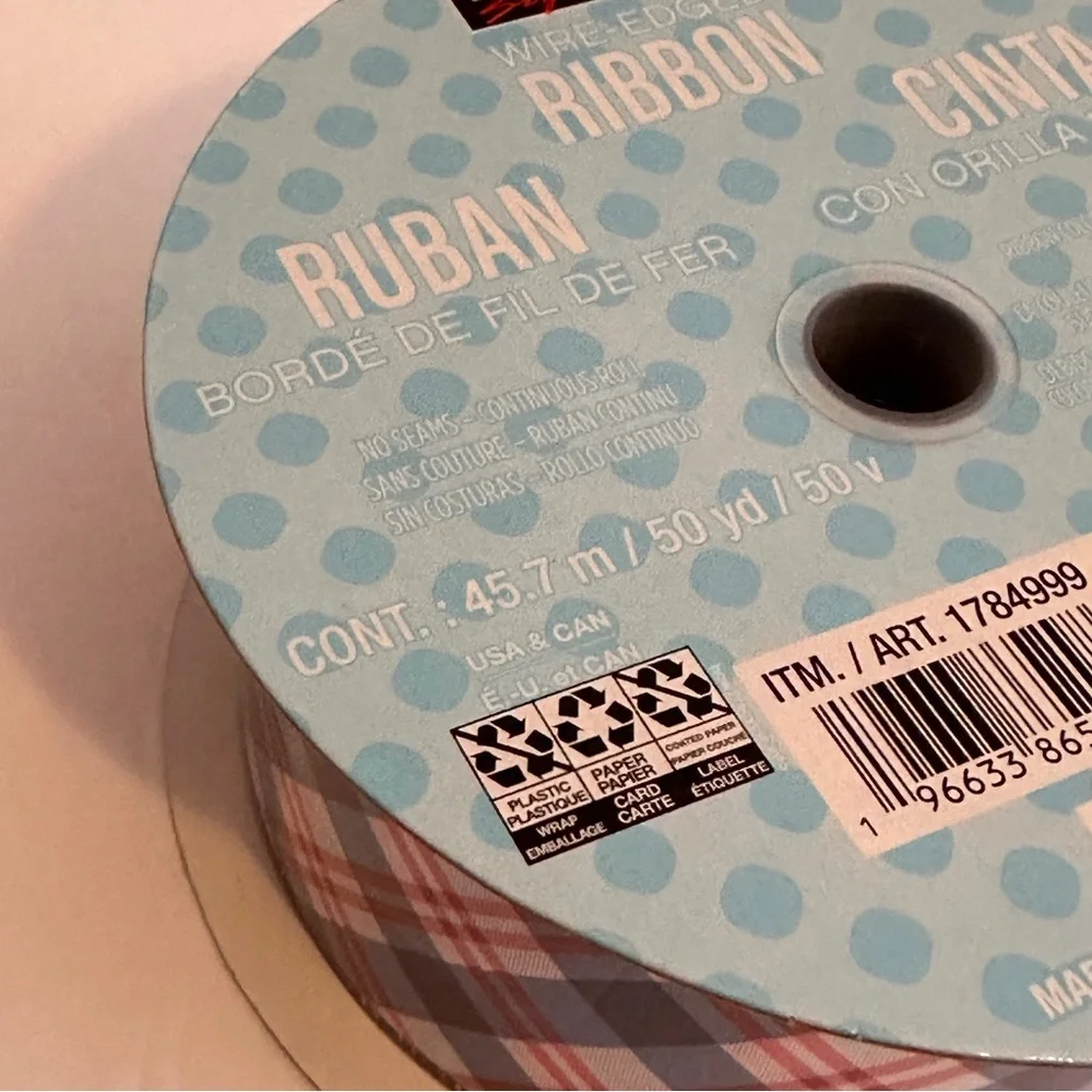 New Kirkland Signature Wired-Edged Ribbon Blue and Red Plaid 50Yard