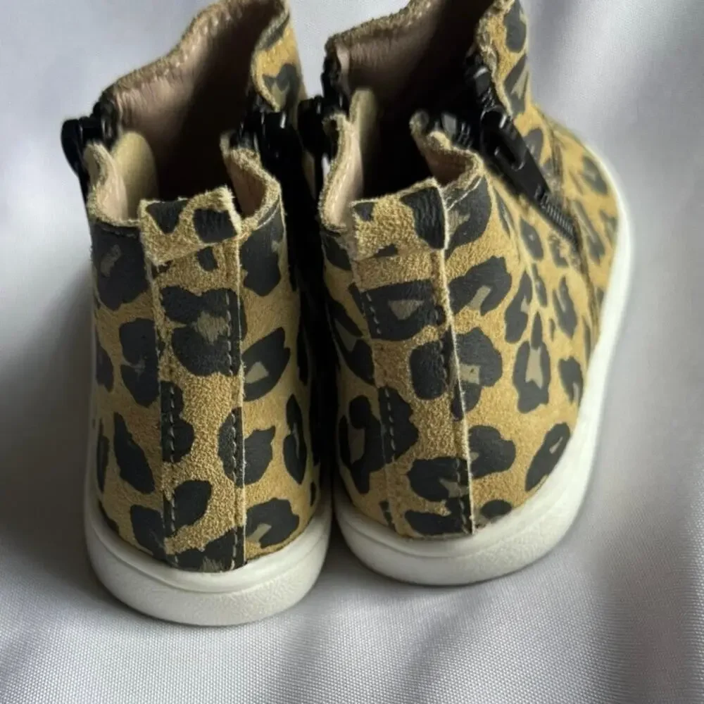 Boutique Girls Leopard Print Ankle Boots Size 18–24M Leather Neutral NEW