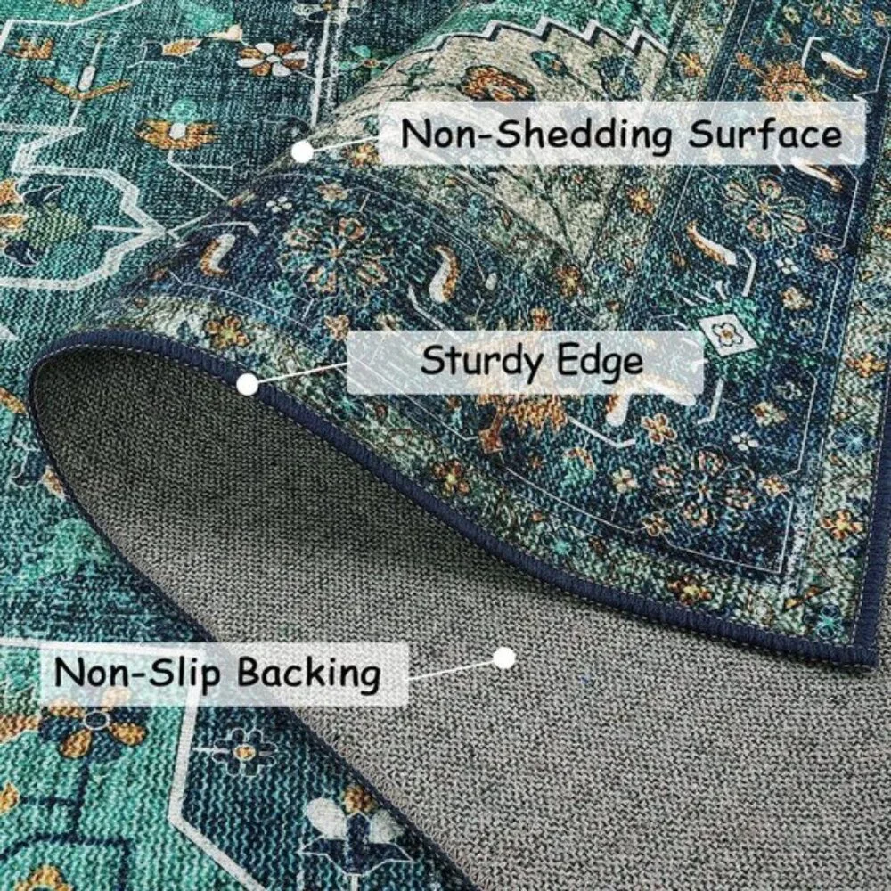 New 5x7 Teal Vintage Area Rug, Ultra-Thin, Washable, Non-Slip Medallion Carpet