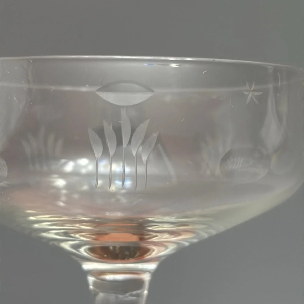 Vintage 1970s Etched 'Coupe' Champagne Glasses, Set of 2, estate sale, elegant