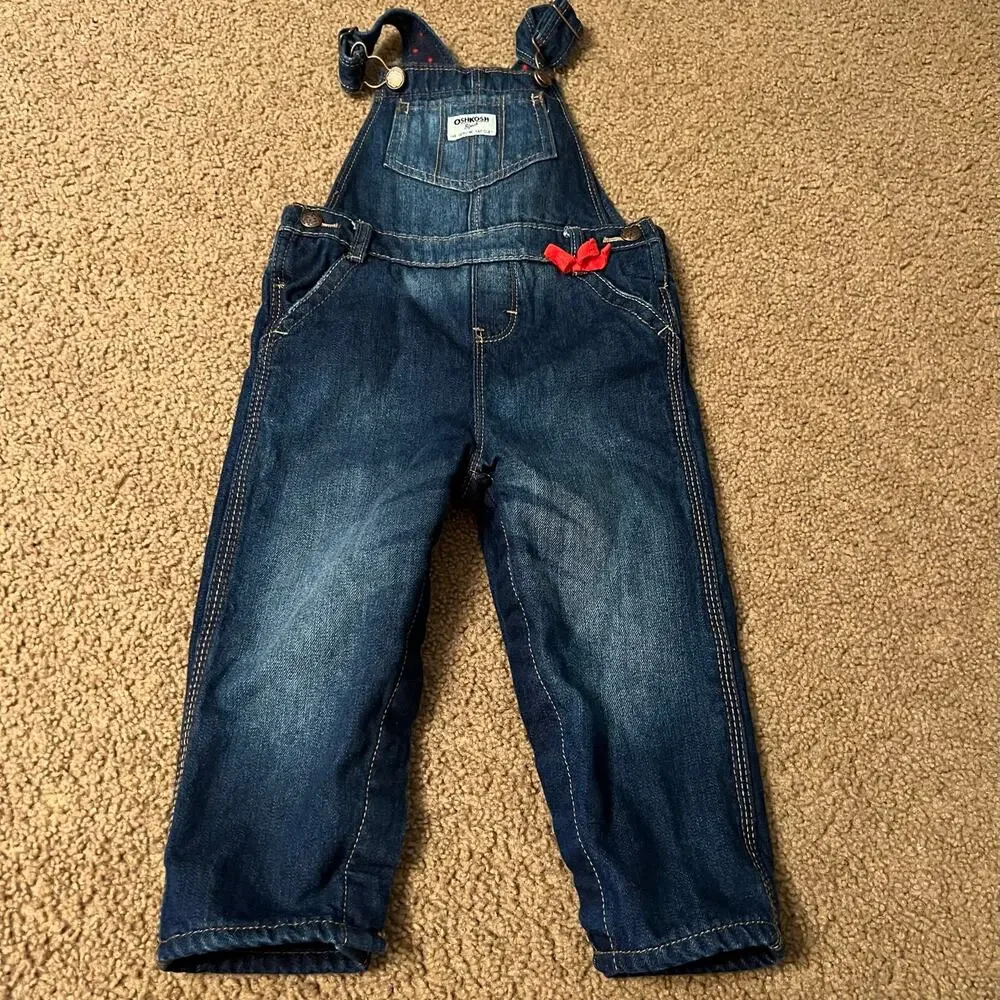 OshKosh B'Gosh Jean Overalls Baby Girls Size 24 Months w/ Red Bow Dark Wash