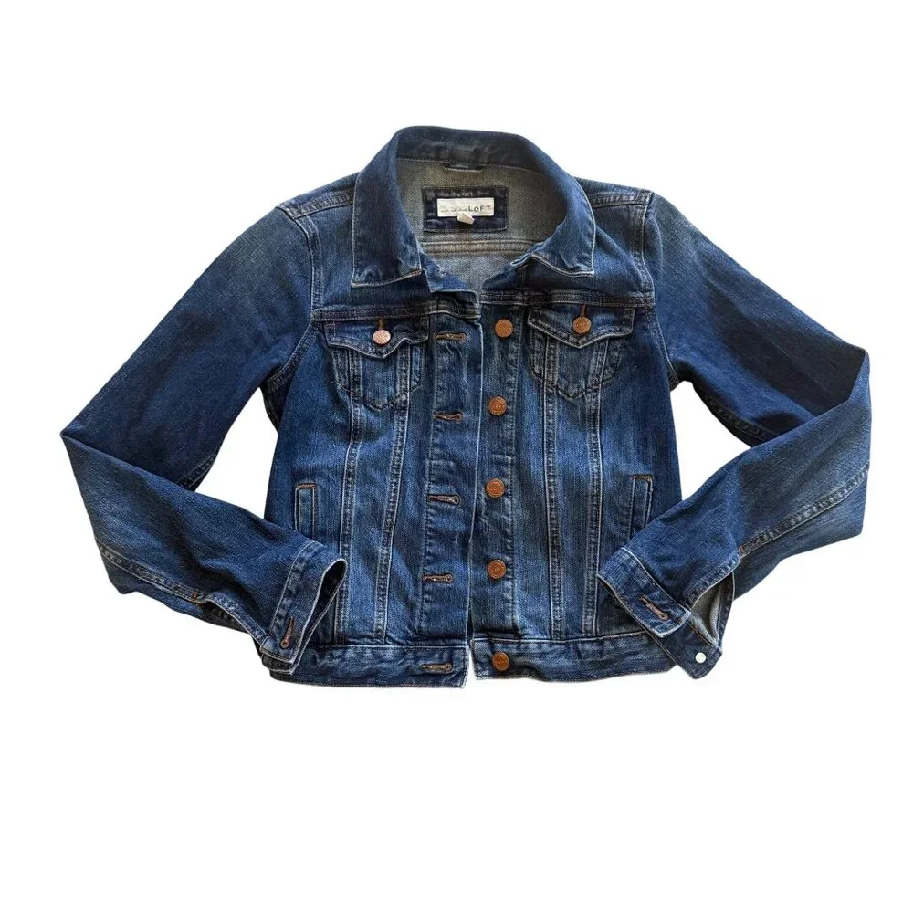 Loft Womens XXS Denim Jean Jacket Classic Fit Button Front Medium Wash Blue