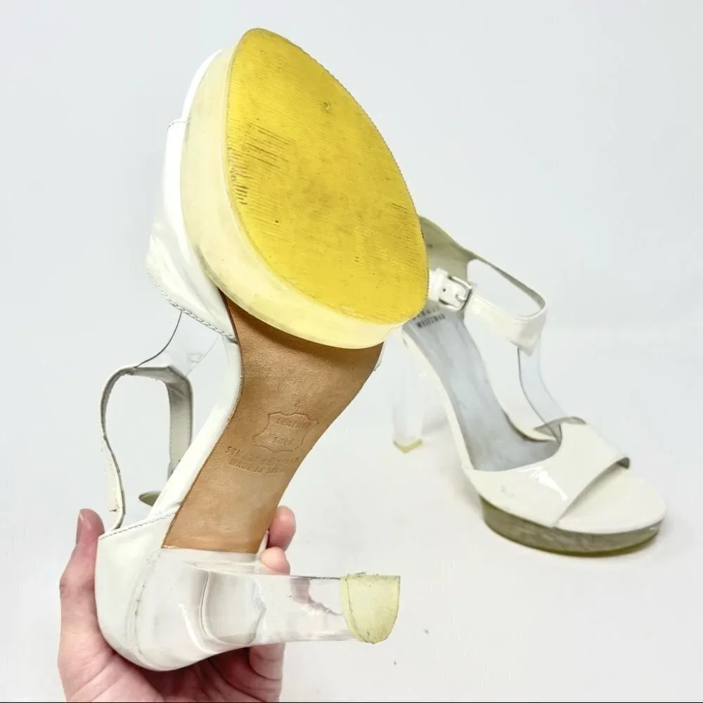Stuart Weitzman White Patent Leather T Strap Perspex Platform Heels Size 7.5