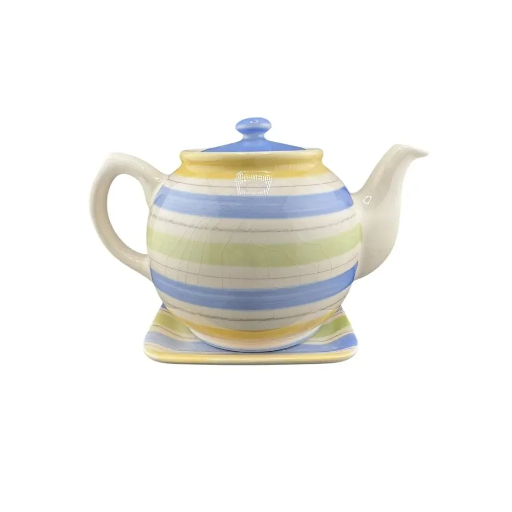 Crate & Barrel Sanibel Teapot Set Cream Earthy Stripe Stoneware Coastal Brew