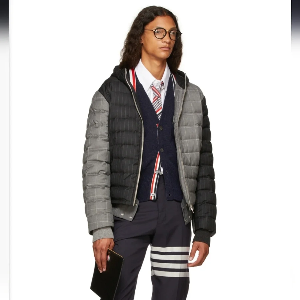 Thom Browne Black & Grey Down Wool Suiting Pinstripe Ski Jacket Size 3