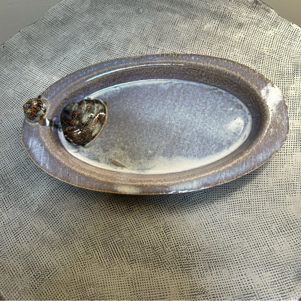 Studio Pottery ~ Decorative Handmade Oval Pottery Tray with Shell and Barnacle