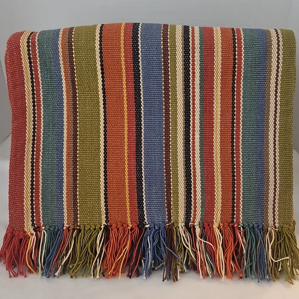 Crate&Barrel Multicolor Sabrosa Stripe Fringe Table Runner 4 Napkins Set