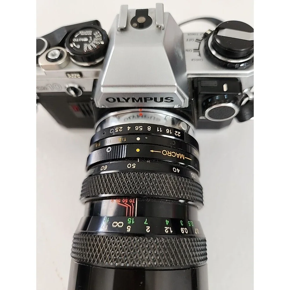 Vintage Olympus OM-10 35mm film Camera Soligor 70mm F2.5/3.5 Lens And winder