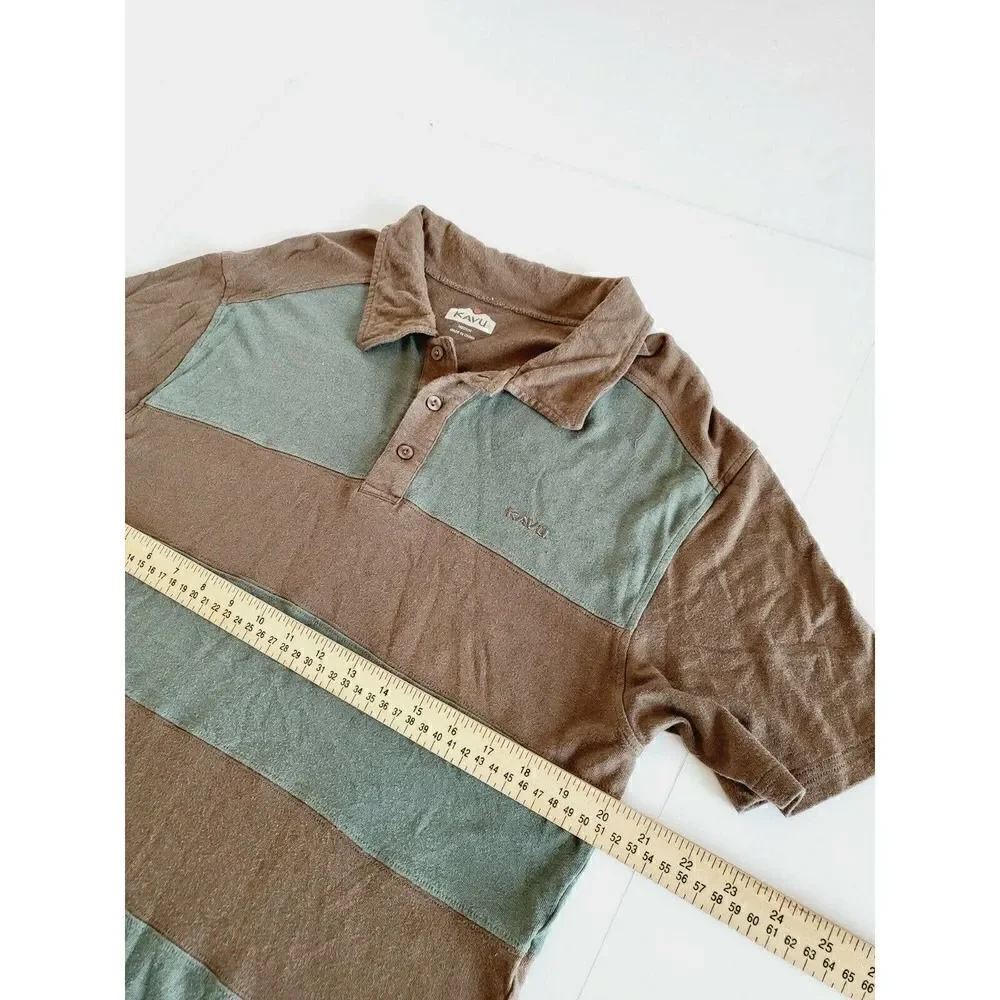 KAVU Men's Bamboo Polo Shirt Striped Short Sleeve Sz Medium Brown/Green