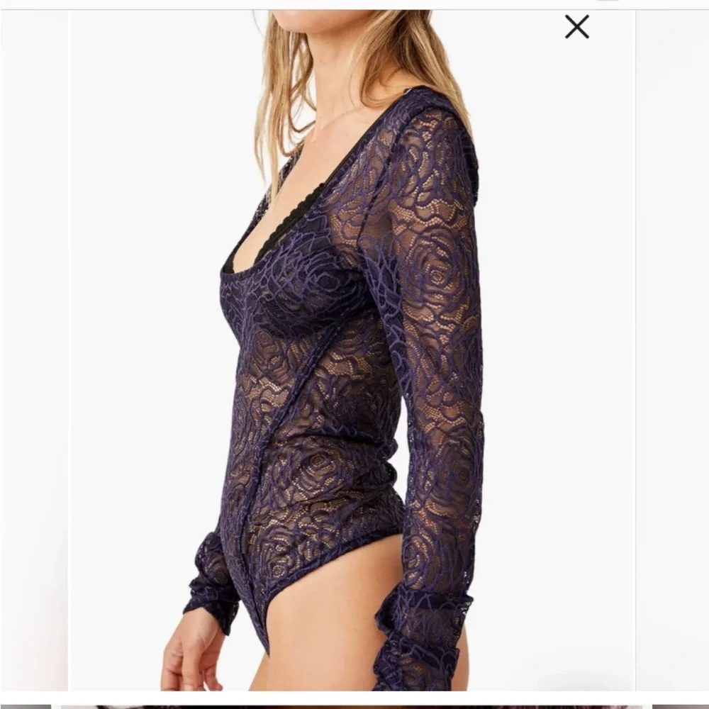 FREE PEOPLE IN YOUR HEAD LONG SLEEVE LACE BODY SUIT LARGE NAVY