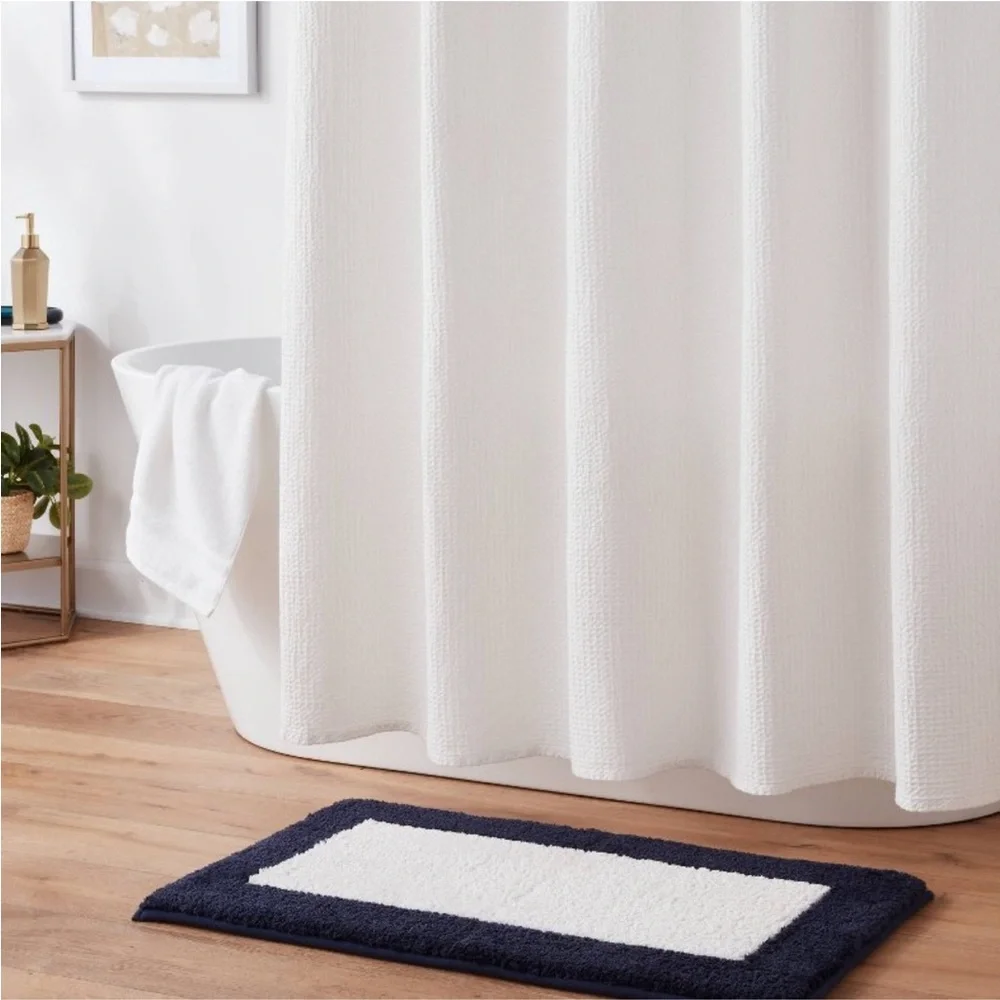 THRESHOLD NEW fluffy border memory foam bath rug -white/navy
