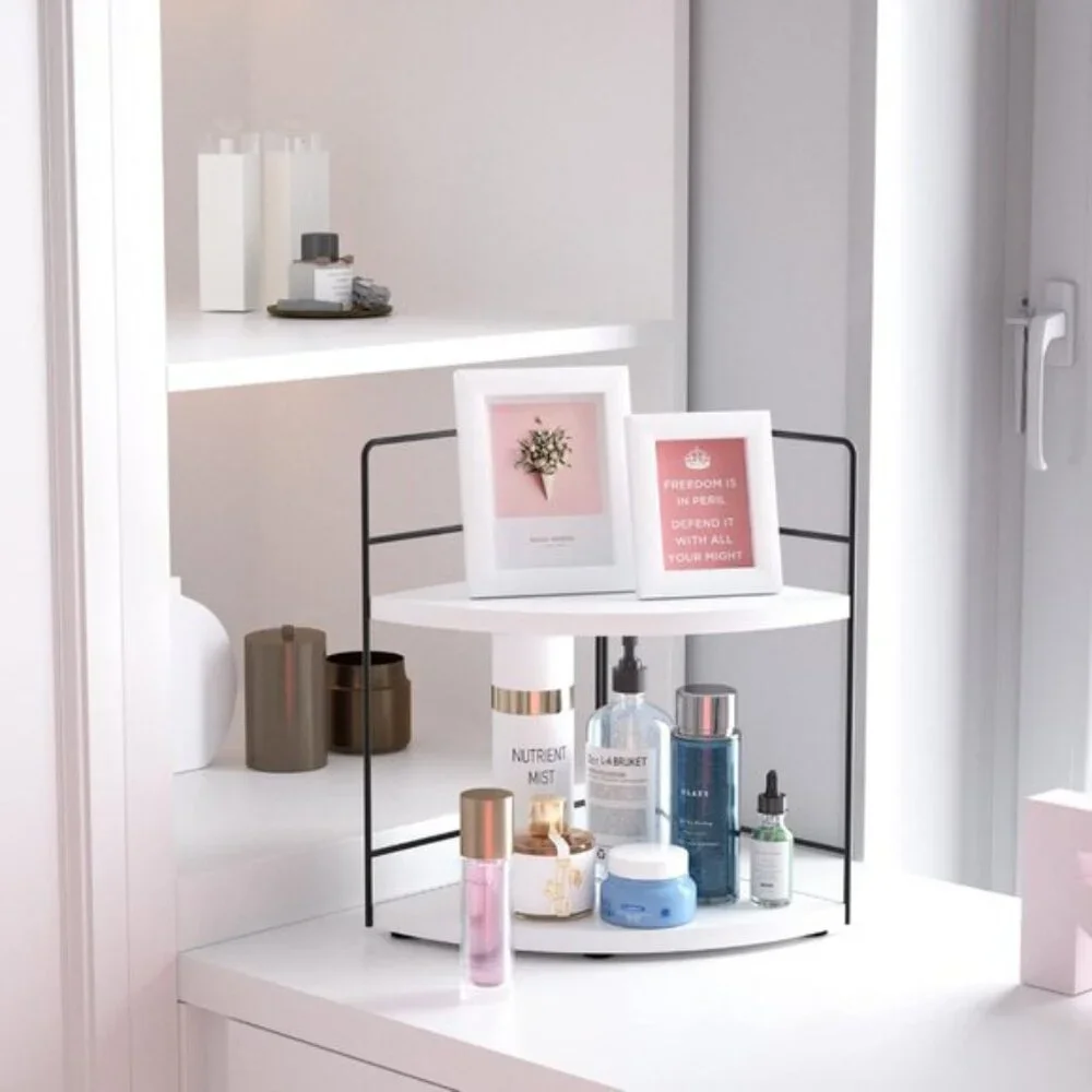 2-Tier White Bathroom Organizer, Corner Vanity & Skincare Storage for Countertop