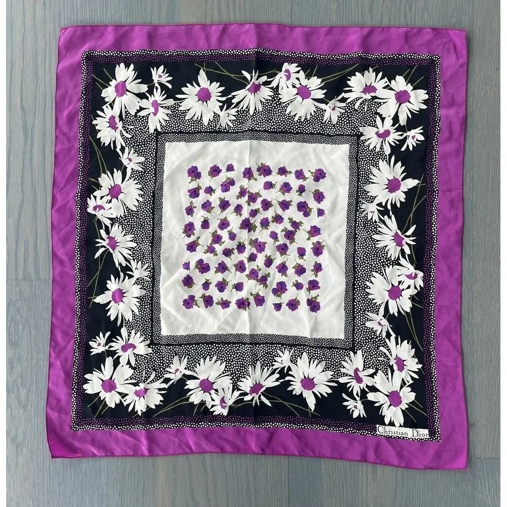 Christian‎ Dior 1970s Vintage 100% Silk Scarf Purple Flowers