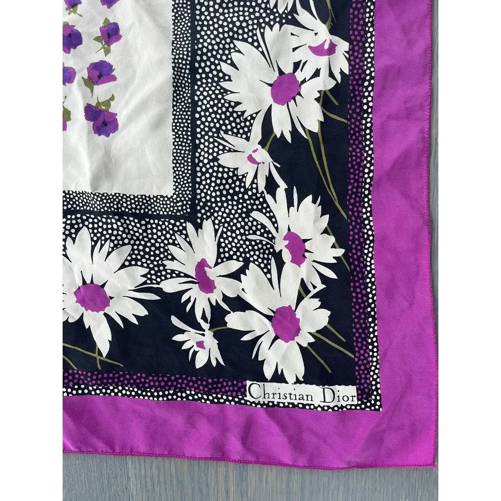 Christian‎ Dior 1970s Vintage 100% Silk Scarf Purple Flowers