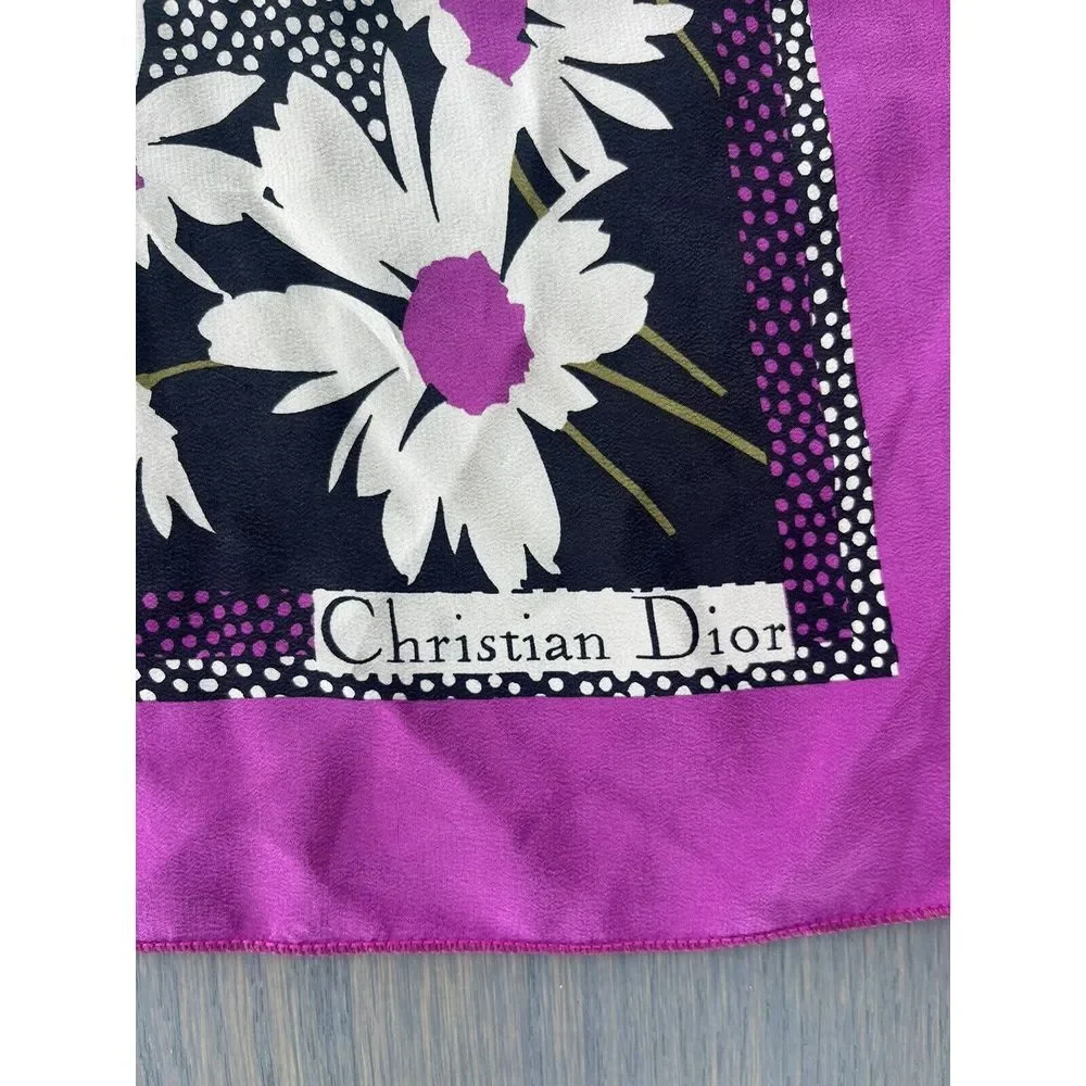 Christian‎ Dior 1970s Vintage 100% Silk Scarf Purple Flowers