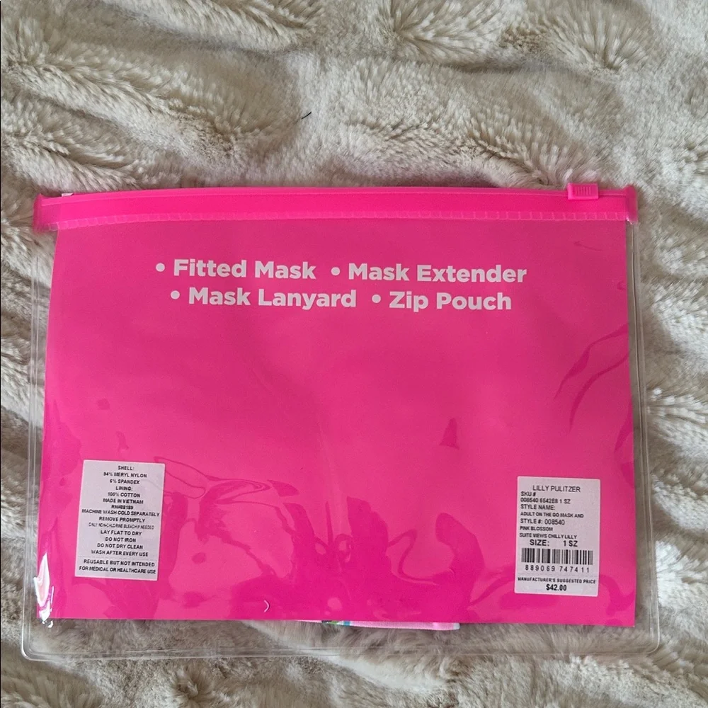 Lilly Pulitzer Pink and Green Tropical Fabric Face Mask and Accessory Set. NWT