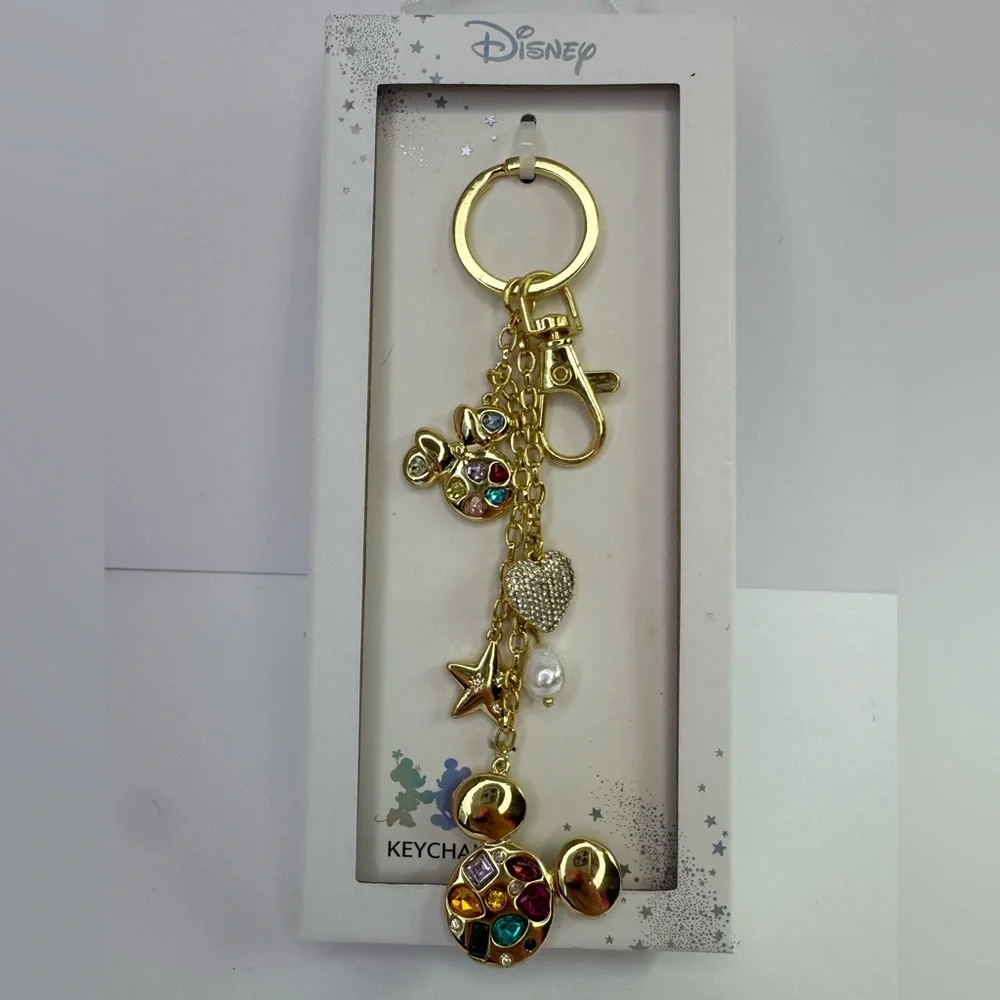 Disney Gold Tone Mickey and Minnie Mouse Charm Keychain