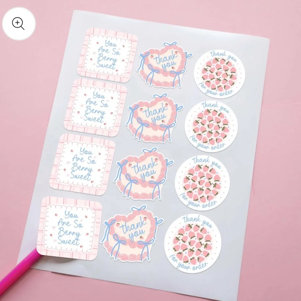 NEW {12 piece} Beautiful girly cake strawberry aesthetic thank you stickers. 2”