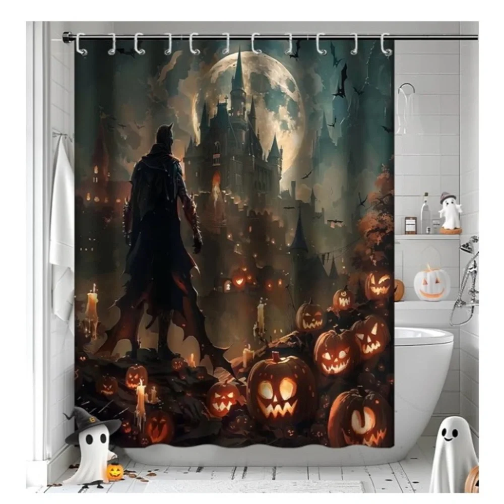 🦇🏯🎃Spooky Vampire Castle Halloween Shower Curtain/Party Photo Backdrop