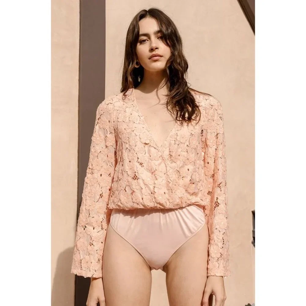 Lulu's Blossom On Over Light Pink Lace Faux Wrap Long Sleeve Bodysuit Small NWT