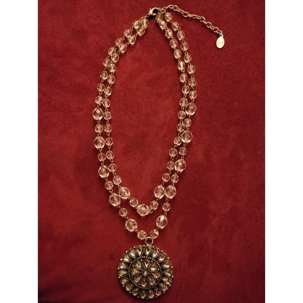 ROBERT ROSE NEW Clear Beaded Rhinestone Pendant Necklace Double Chain Dressy