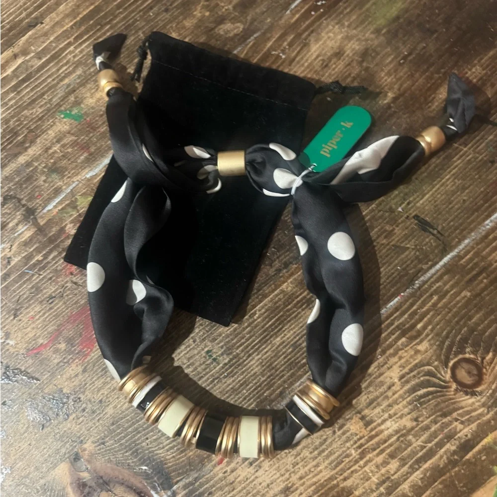 Piper •K Black white and Gold Polka Dot Scarf necklace- adjustable cute & comfy🖤