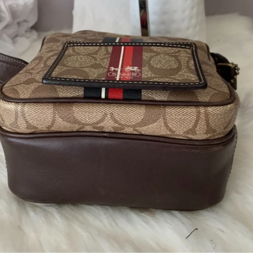 Vintage Coach Tan Messenger Bag with Red and Black Stripes