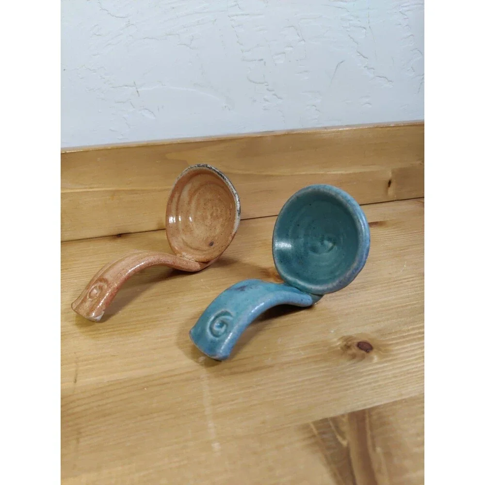 Lot Of 2 Hopi Pottery Ladle Spoon Set Beautifully Shaped Polished Peach Blue