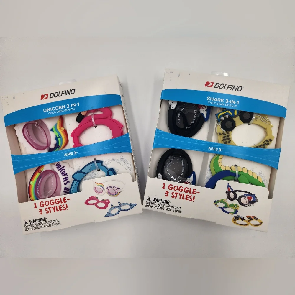 Set Of 2 Dolfin Kids Unicorn and Shark 3-in-1 Swim Goggles - Pink, Blue, Black
