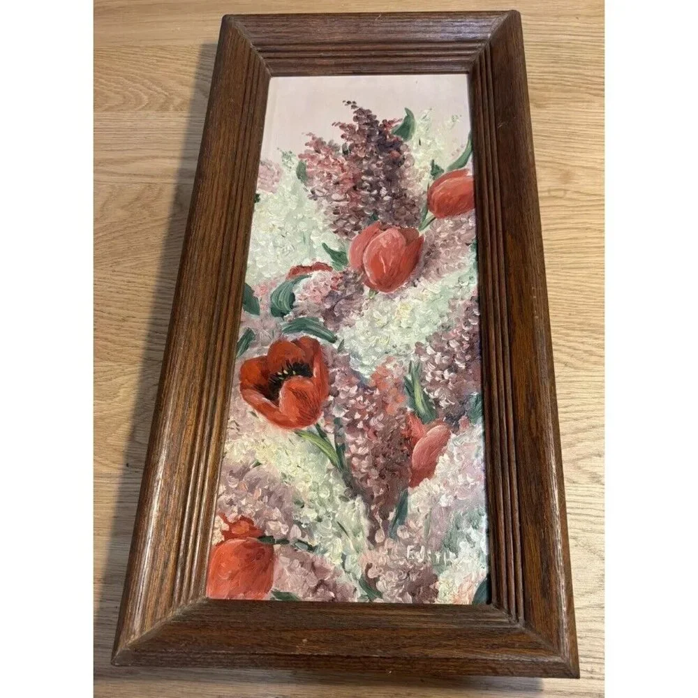 Vintage Oil on Board Mid Century BEAUTIFUL Floral Tulips Lilacs Wood Frame