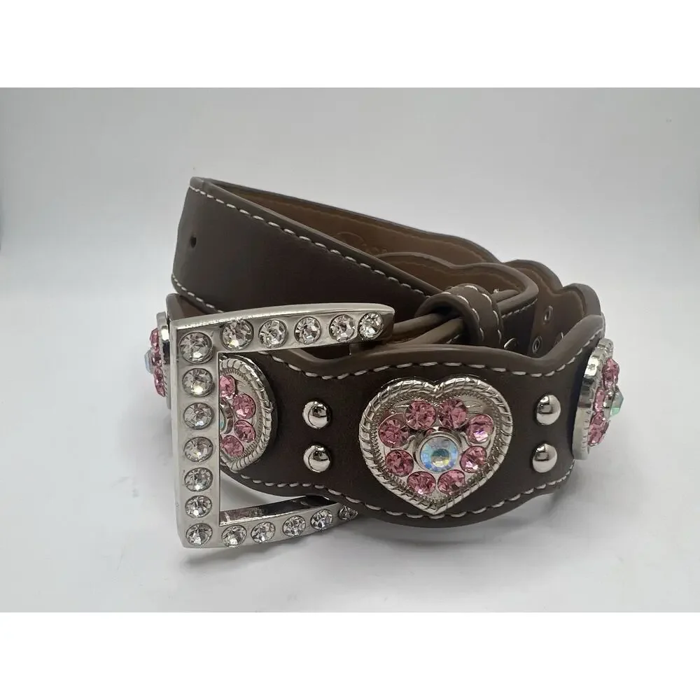 Nocona Girls Pink Rhinestone Hearts Western Belt Buckle Pink Brown Sz-24