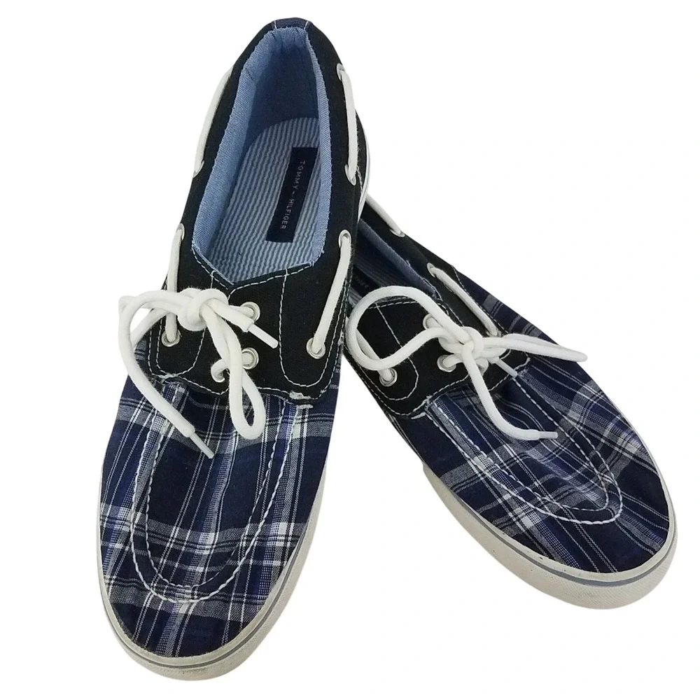 Tommy Hilfiger TMFred Boat Shoes Mens 11.5 Blue‎ Canvas Chekkers Lace Up SH168