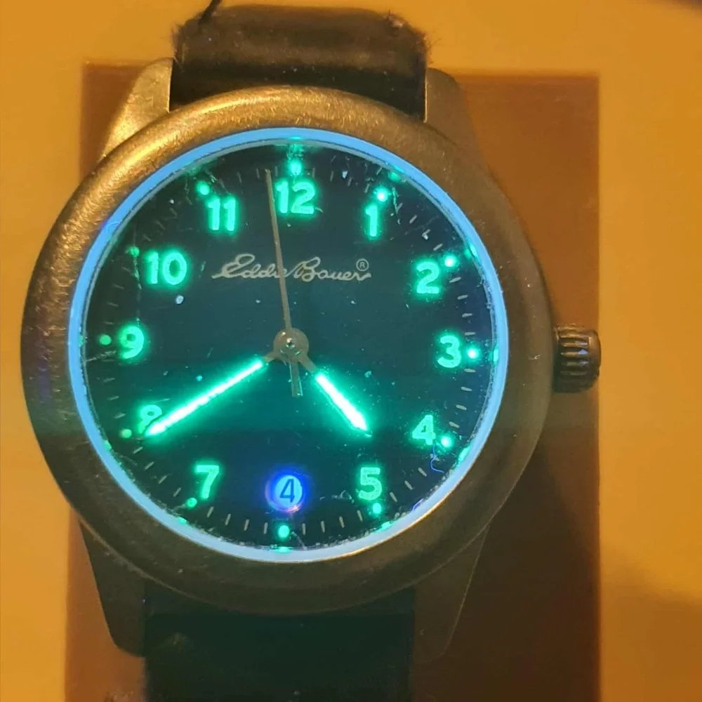 🦋10/$20🦋Eddie Bauer SM Classic #3613 Silver/Black Leather Women's Watch w/Date
