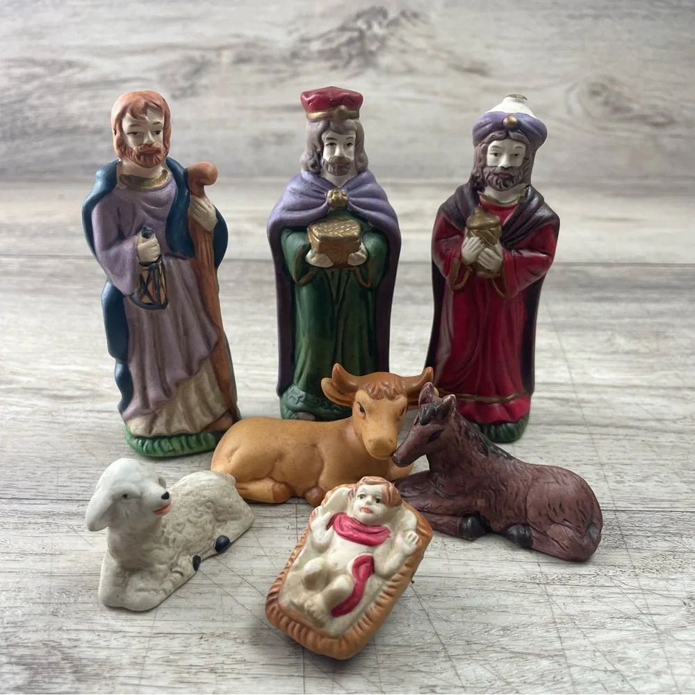 Nativity Ceramic Set 6 Piece - Three Wise Men Jesus Horse Lamb Bull
