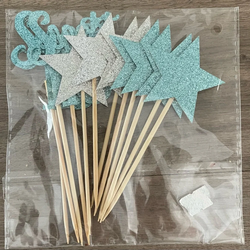 Sweet 16 Sparkling Star Cupcake Cake Toppers - Teal and Silver