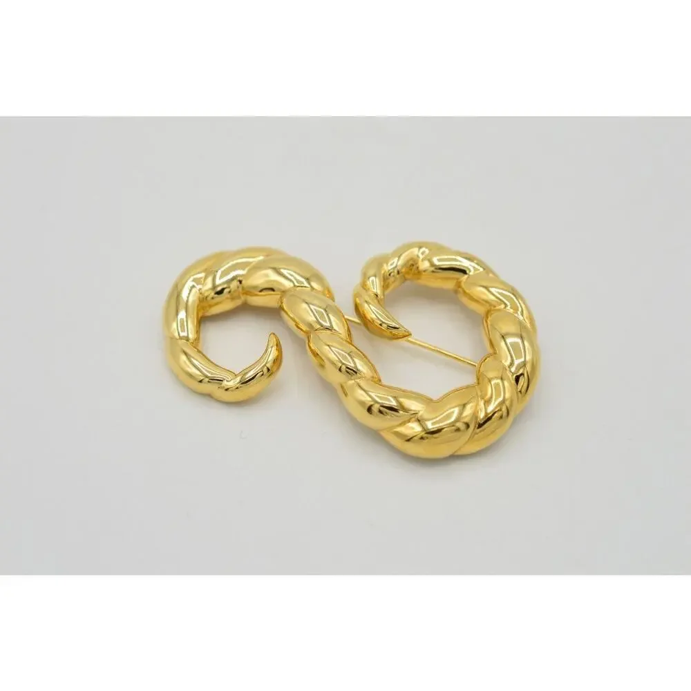 Vintage Rope Pin Brooch Gold Tone Metal Twisted Chunky Abstract 1980s 9B