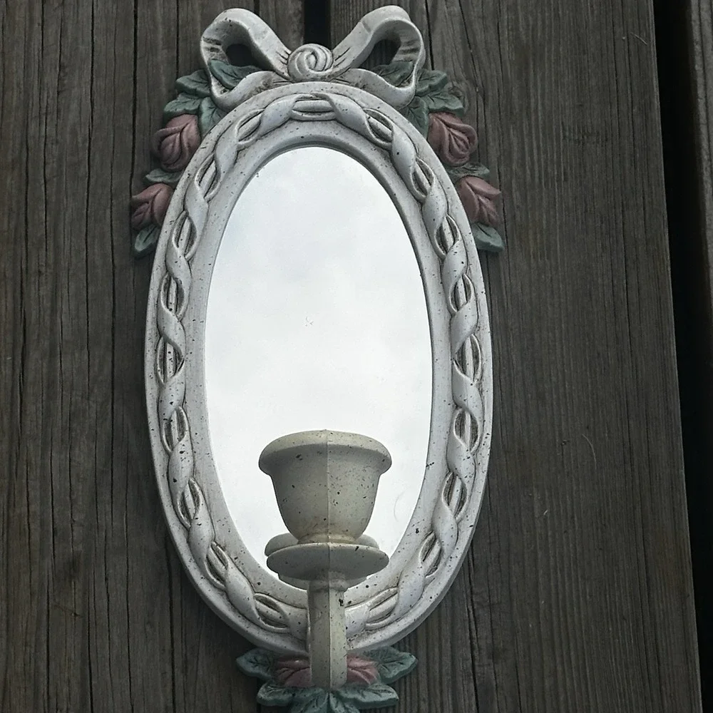 Vintage 2x white Wall Sconce‎ Candle Mirror White w/Pink Flowers Bows Coquette