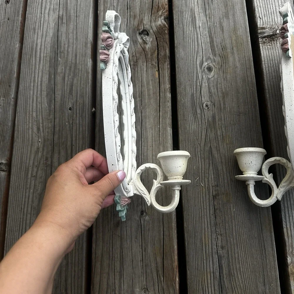 Vintage 2x white Wall Sconce‎ Candle Mirror White w/Pink Flowers Bows Coquette