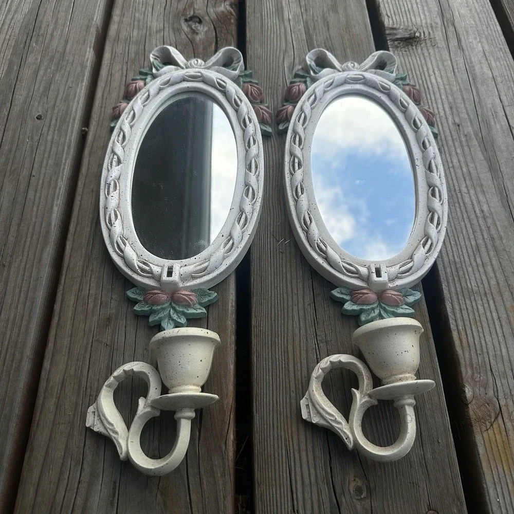 Vintage 2x white Wall Sconce‎ Candle Mirror White w/Pink Flowers Bows Coquette