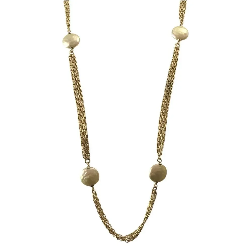 Anne Klein Vintage AK Faux Button Pearl Gold Tone Chain 36in Rope Necklace