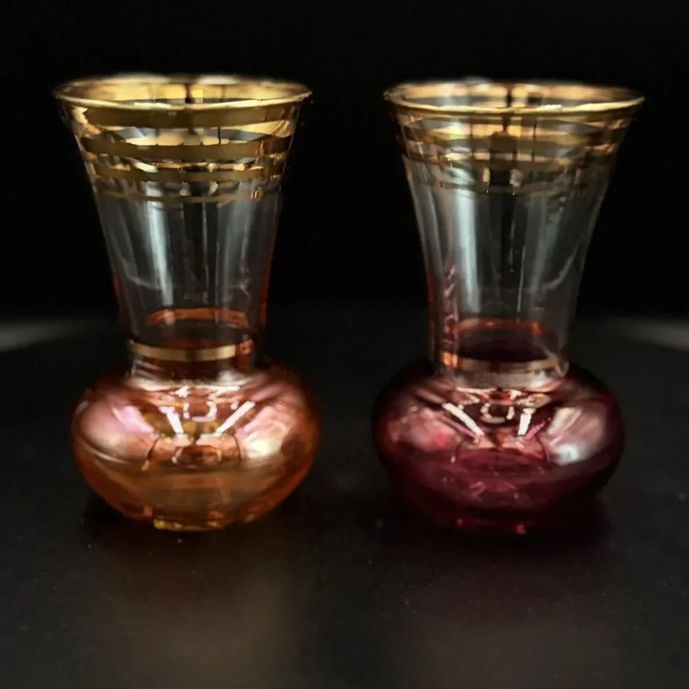 Pair Of Vintage Aperitif Luster Glass Vases Amber & Cranberry with Gold Trim MCM