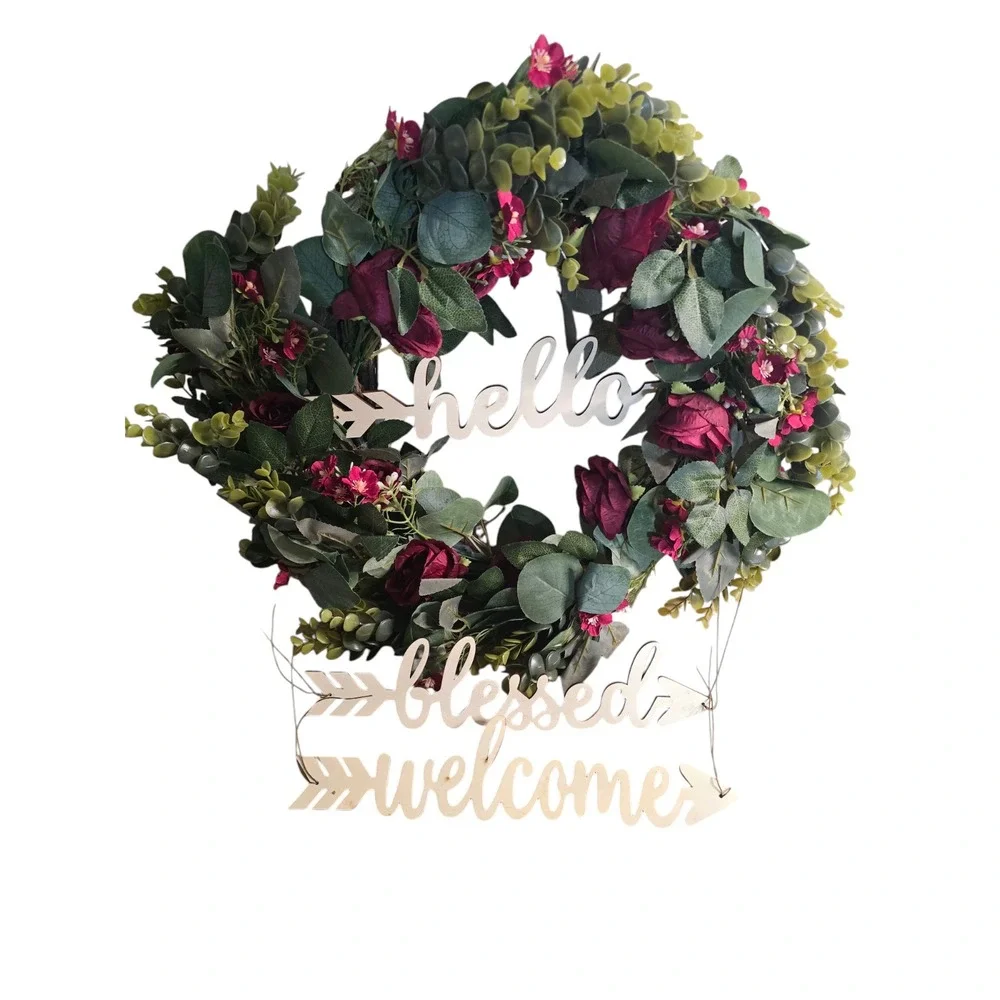 Hello Blessed Welcome Floral Wreath Front Door Decor Artificial Flower Wreath