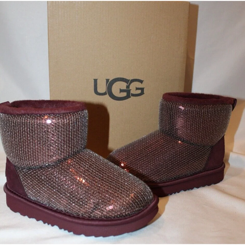 NIB UGG Classic Short Sequin Sparkle‎ Boots Toddler Burgundy