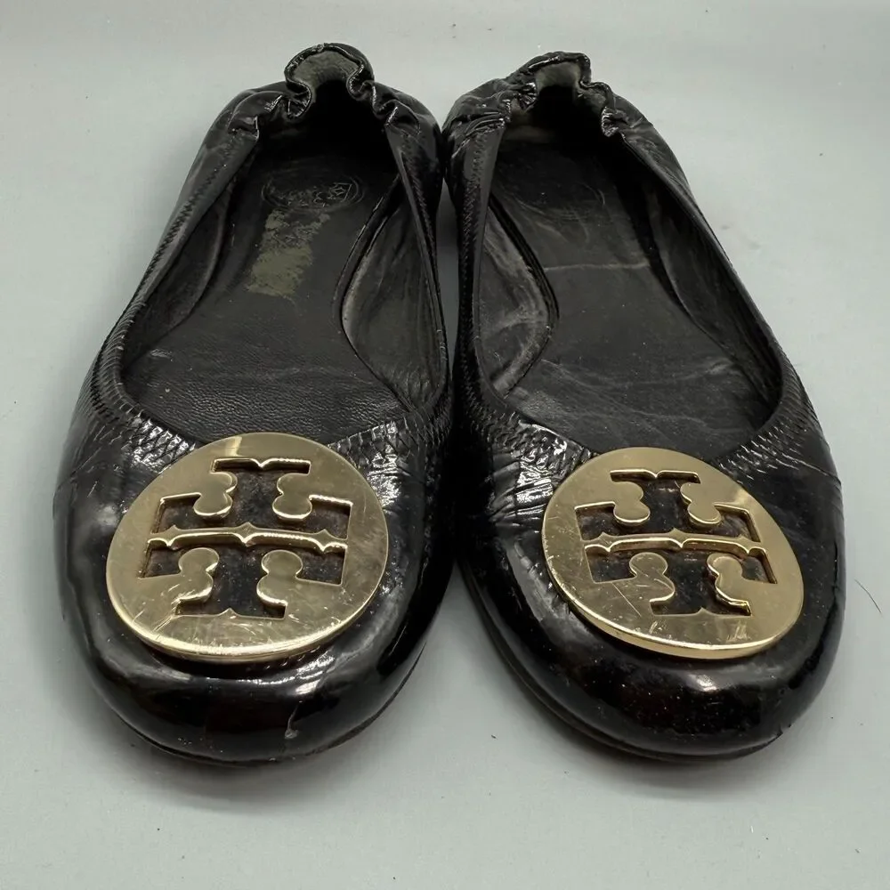 Tory Burch Reva Women's 6.5 Black Leather Ballet Flats Slip-On Round Toe Comfort
