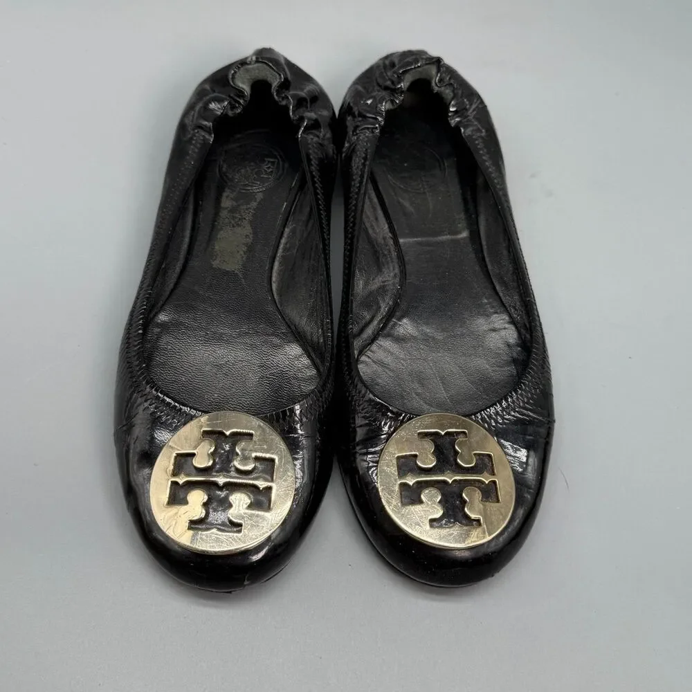 Tory Burch Reva Women's 6.5 Black Leather Ballet Flats Slip-On Round Toe Comfort