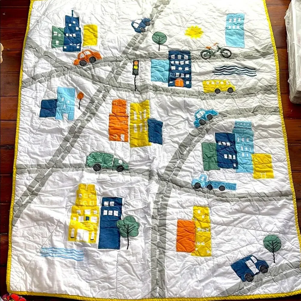Crate & Kids Crate & Barrel city roads cars applique crib kids quilt blanket